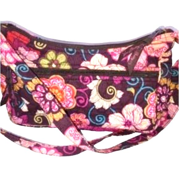 Vera Bradley "Libby" Brown & Pink Mod Floral Fabric Small Shoulder Bag 10"X6"X3" - Picture 3 of 9